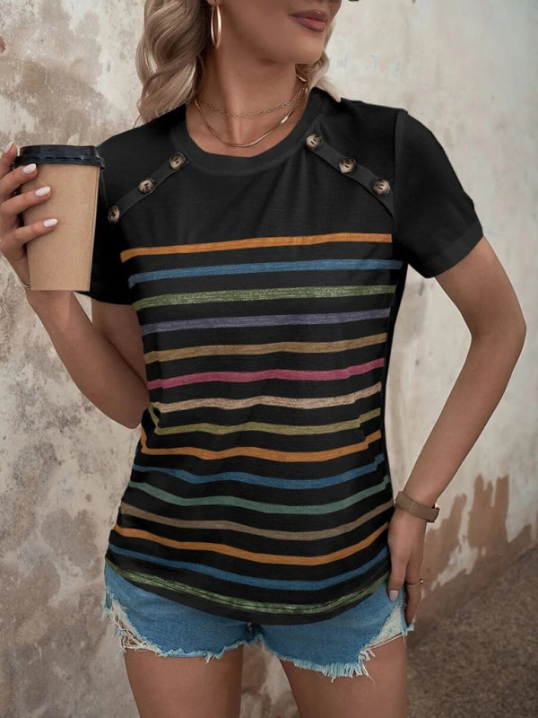 Lydia Women's Stripe Print Button Short Sleeve Casual Top