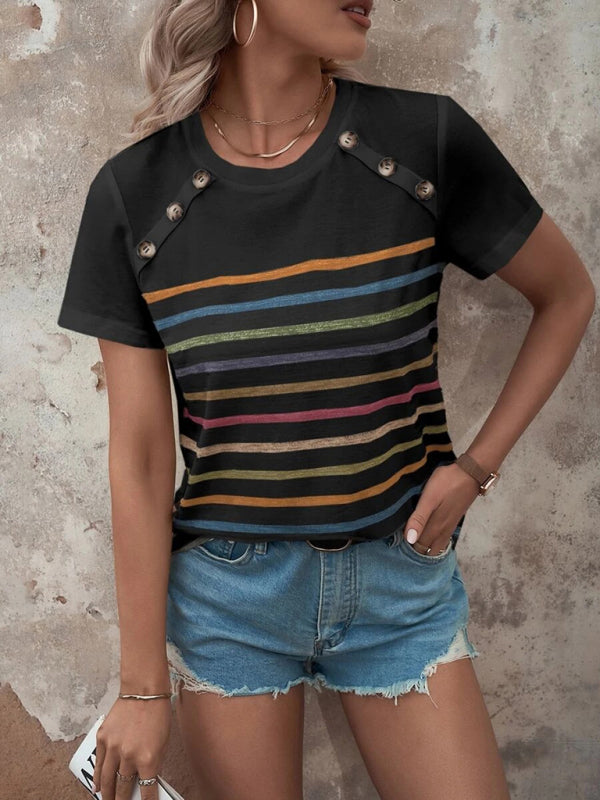 Lydia Women's Stripe Print Button Short Sleeve Casual Top