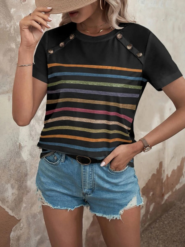 Lydia Women's Stripe Print Button Short Sleeve Casual Top