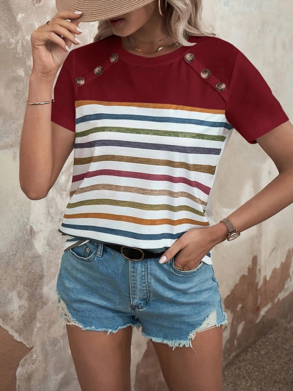Lydia Women's Stripe Print Button Short Sleeve Casual Top