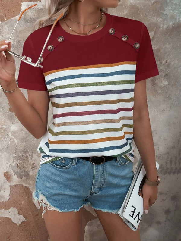 Lydia Women's Stripe Print Button Short Sleeve Casual Top