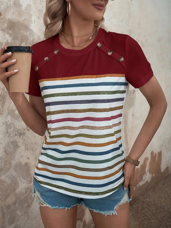 Lydia Women's Stripe Print Button Short Sleeve Casual Top