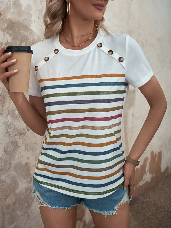 Lydia Women's Stripe Print Button Short Sleeve Casual Top