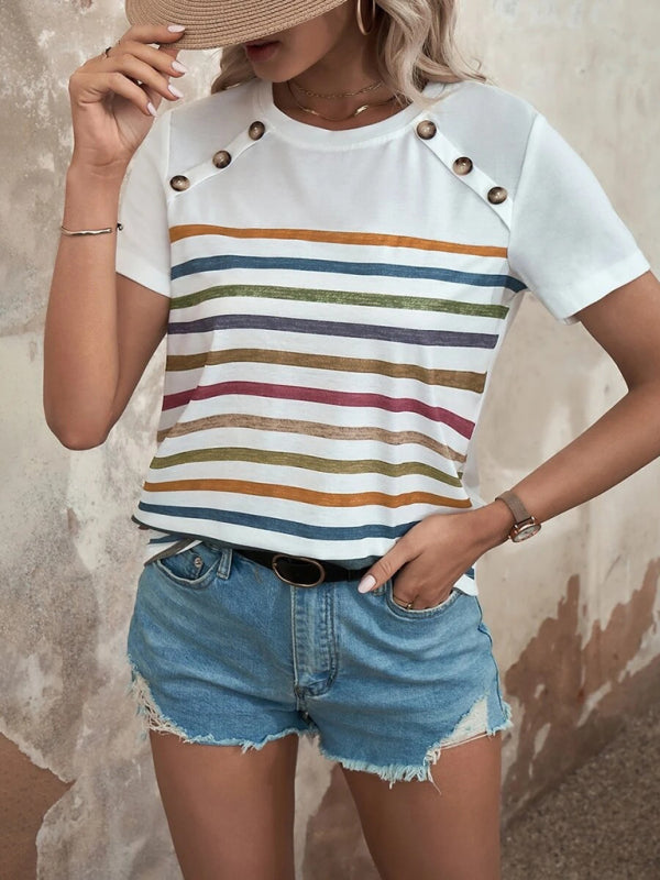 Lydia Women's Stripe Print Button Short Sleeve Casual Top