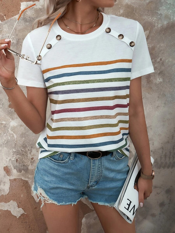 Lydia Women's Stripe Print Button Short Sleeve Casual Top