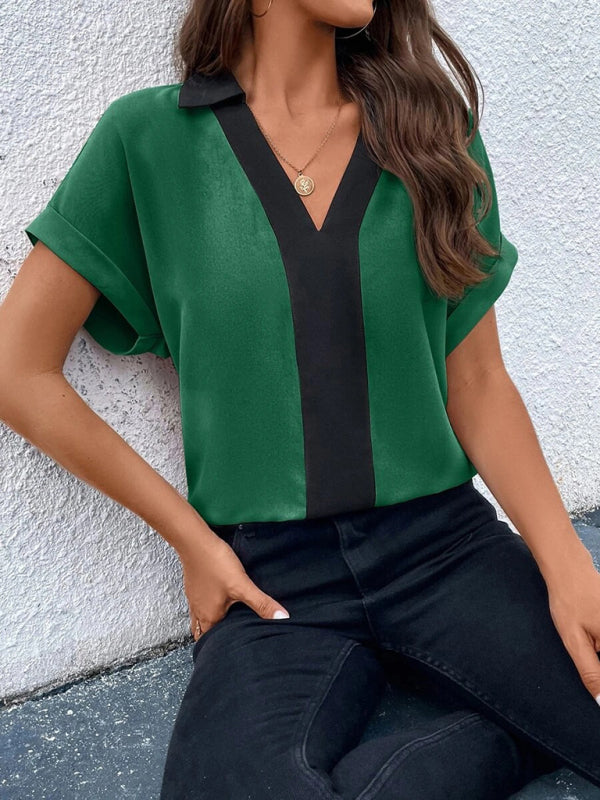 Desiree Women's Contrasting Color V-Neck Raglan Sleeve Lapel Loose Top