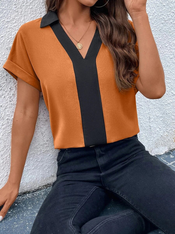 Desiree Women's Contrasting Color V-Neck Raglan Sleeve Lapel Loose Top