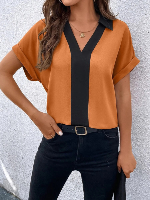 Desiree Women's Contrasting Color V-Neck Raglan Sleeve Lapel Loose Top