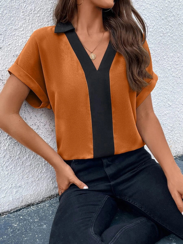 Desiree Women's Contrasting Color V-Neck Raglan Sleeve Lapel Loose Top