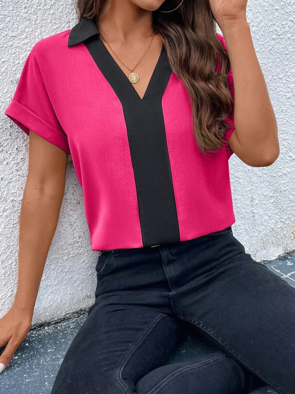 Desiree Women's Contrasting Color V-Neck Raglan Sleeve Lapel Loose Top