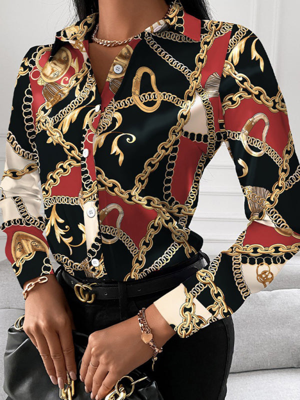 Capri Women's Fashion Printed Long Sleeve Lapel Shirt