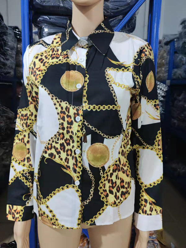 Capri Women's Fashion Printed Long Sleeve Lapel Shirt