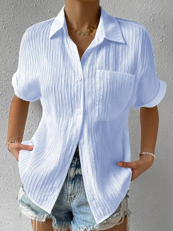 Carmina Solid Color Comfortable Casual Sweet Lapel Pocket Cardigan Short Sleeve Shirt