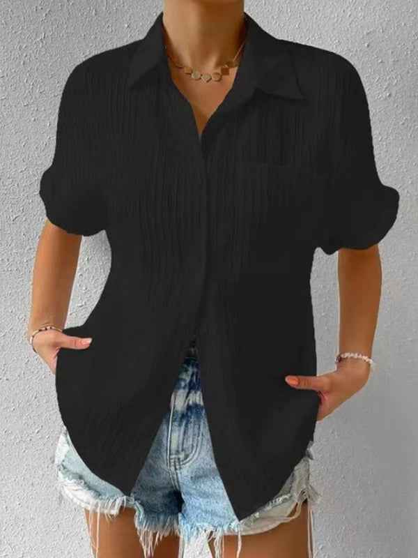 Carmina Solid Color Comfortable Casual Sweet Lapel Pocket Cardigan Short Sleeve Shirt