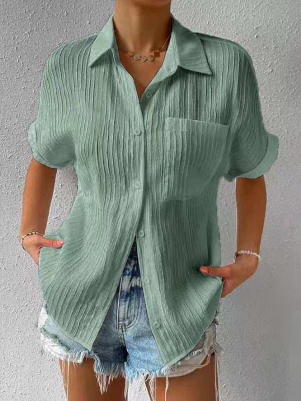 Carmina Solid Color Comfortable Casual Sweet Lapel Pocket Cardigan Short Sleeve Shirt