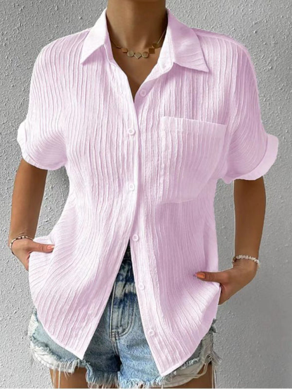 Carmina Solid Color Comfortable Casual Sweet Lapel Pocket Cardigan Short Sleeve Shirt