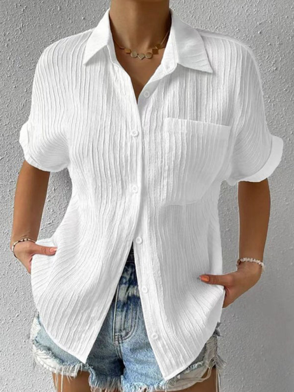 Carmina Solid Color Comfortable Casual Sweet Lapel Pocket Cardigan Short Sleeve Shirt