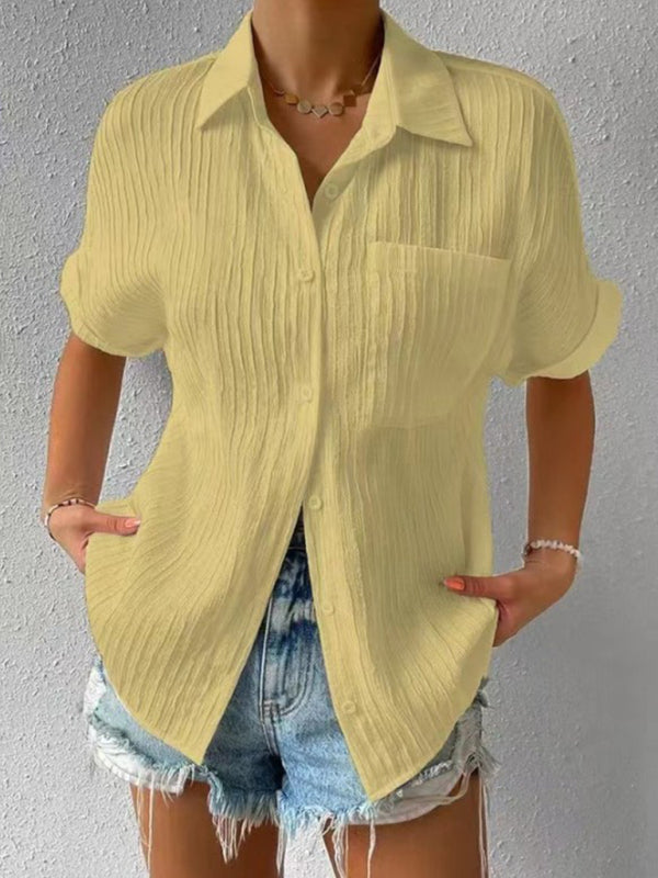 Carmina Solid Color Comfortable Casual Sweet Lapel Pocket Cardigan Short Sleeve Shirt
