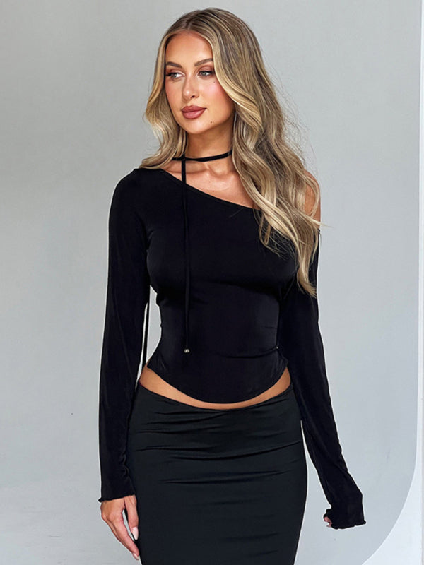 Jena Slanted Shoulder Waist Slit Long Sleeve Slim Hot Girl T-Shirt