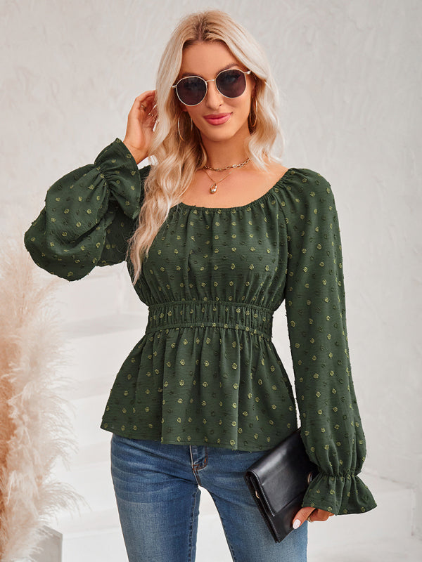 Celestine Women's Round Neck Waist Solid Color Lotus Leaf Sleeve Top