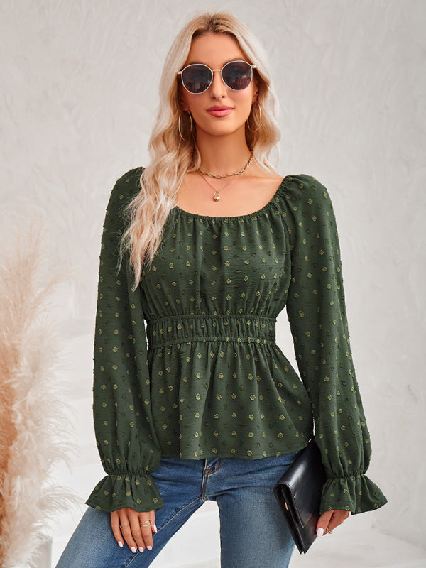 Celestine Women's Round Neck Waist Solid Color Lotus Leaf Sleeve Top