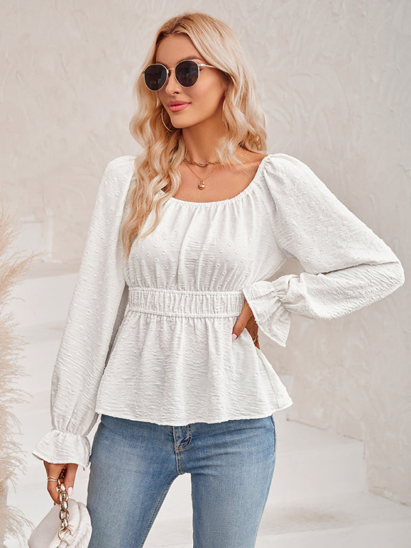 Celestine Women's Round Neck Waist Solid Color Lotus Leaf Sleeve Top