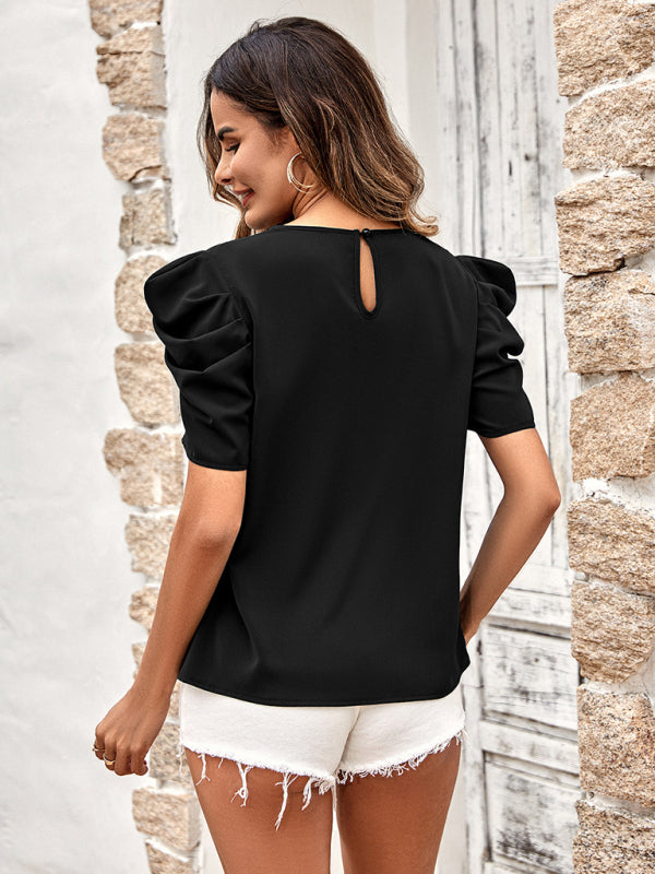 Darina New Solid Color Puff Sleeve V-Neck Slim Top