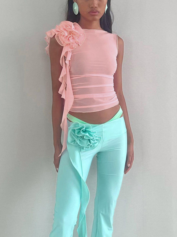 Lenora New Fashion Round Neck Three-Dimensional Flower See-Through Mesh Slim Fit T-Shirt