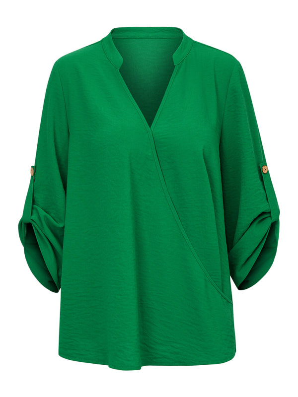 Charlina Women's Casual V Neck Solid Color Loose Rolled Long Sleeve Top