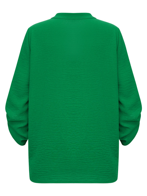 Charlina Women's Casual V Neck Solid Color Loose Rolled Long Sleeve Top