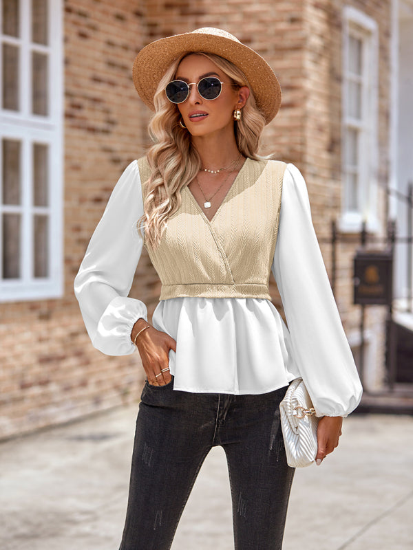 Dariela New Women's Casual Solid Color V-Neck Stitching Long-Sleeved Top