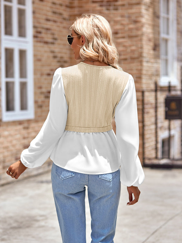 Dariela New Women's Casual Solid Color V-Neck Stitching Long-Sleeved Top