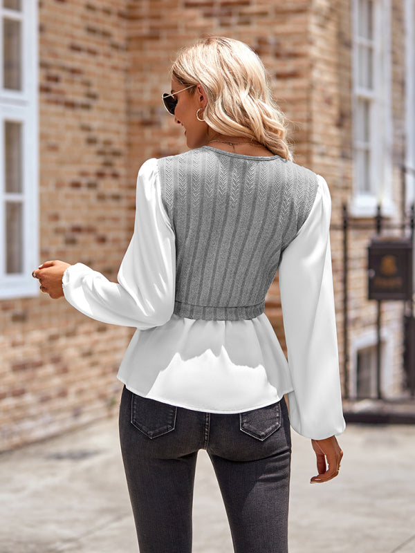 Dariela New Women's Casual Solid Color V-Neck Stitching Long-Sleeved Top