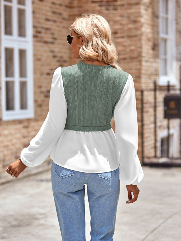 Dariela New Women's Casual Solid Color V-Neck Stitching Long-Sleeved Top