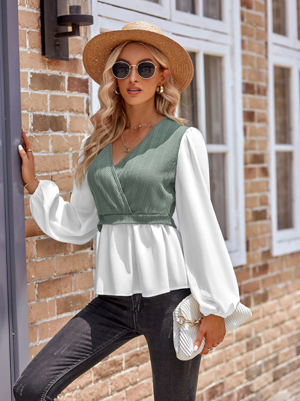 Dariela New Women's Casual Solid Color V-Neck Stitching Long-Sleeved Top