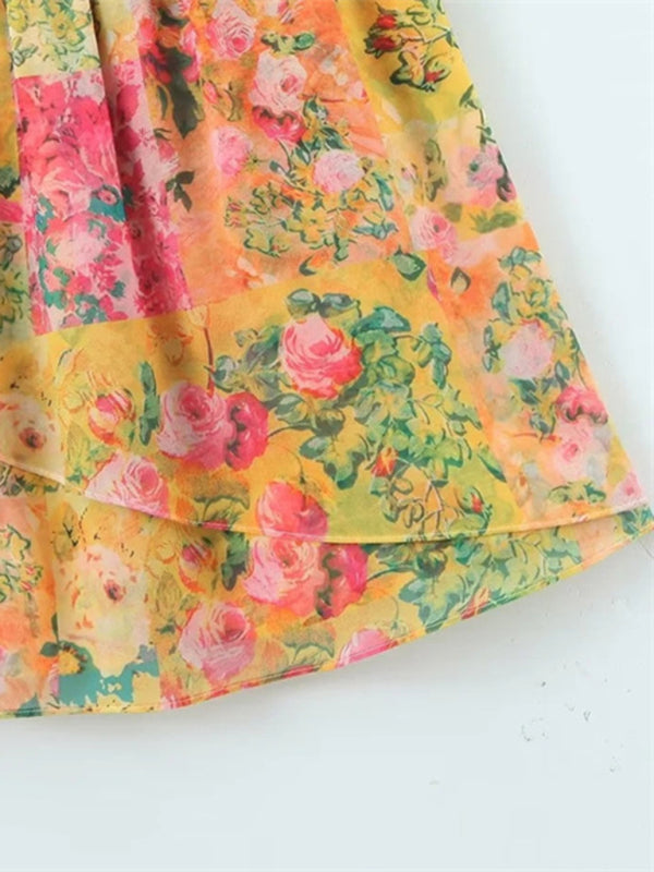 Averi Lace-up French Niche Color-block Floral Sling Dress with Wooden Ears