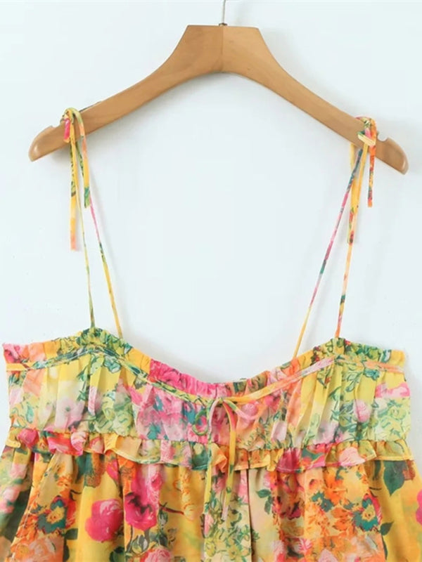 Averi Lace-up French Niche Color-block Floral Sling Dress with Wooden Ears