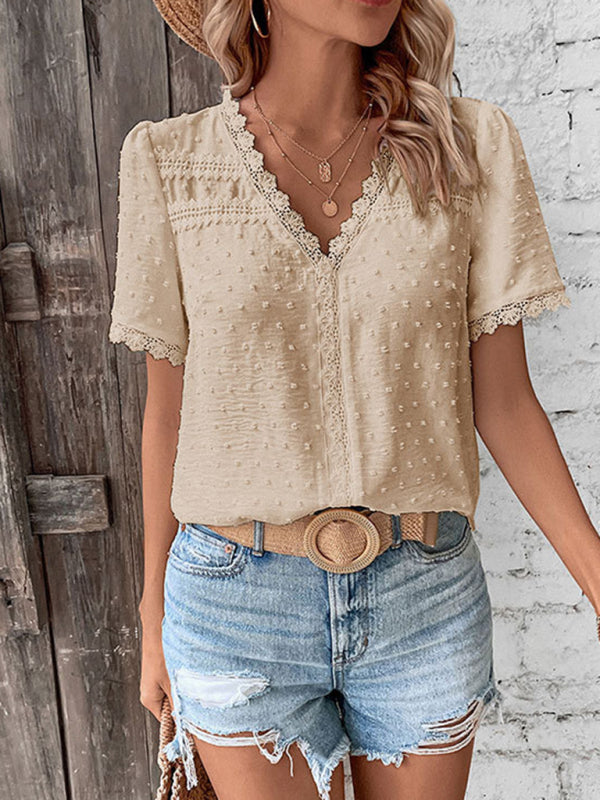 Cesca V-Neck Neckline Lace Panel Elegant Blouse
