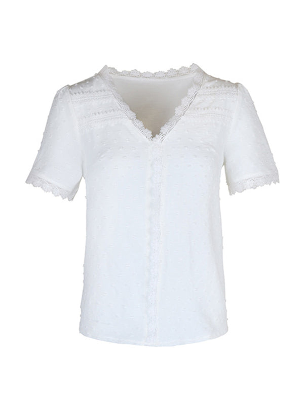 Cesca V-Neck Neckline Lace Panel Elegant Blouse