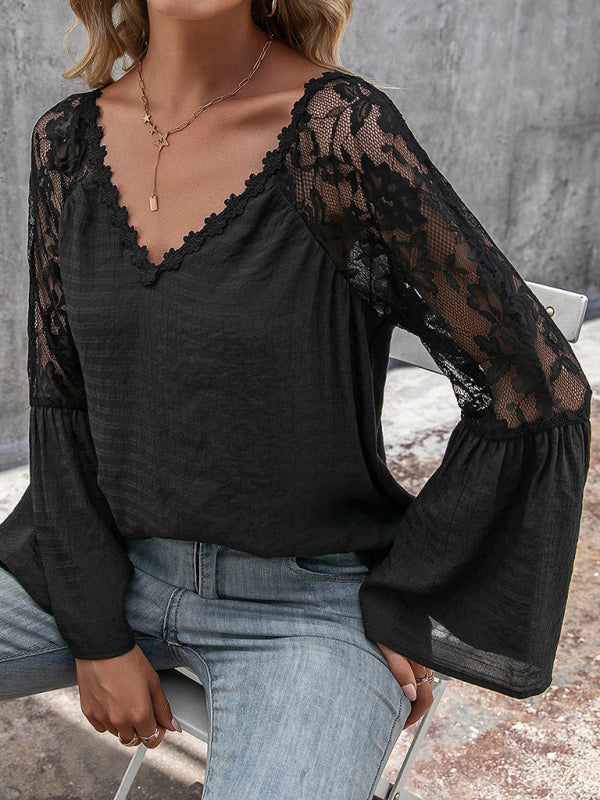 Halcyon Women's Solid Color Splicing Lace Hollow V-Neck Long-Sleeved Top