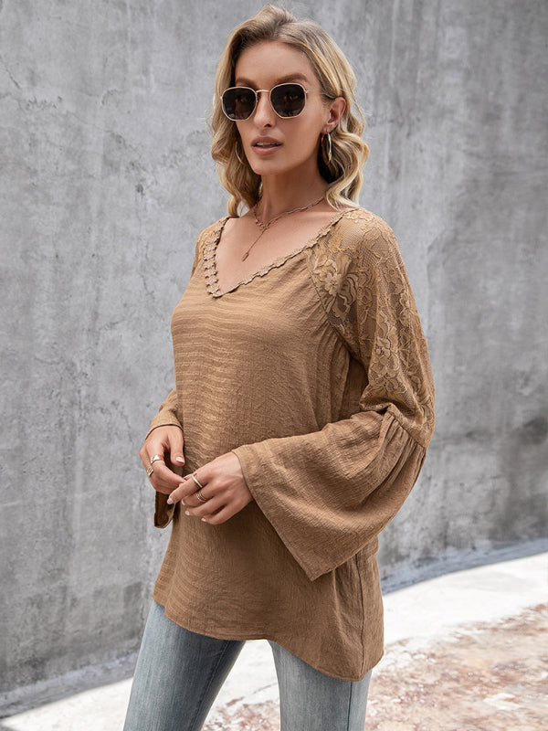 Halcyon Women's Solid Color Splicing Lace Hollow V-Neck Long-Sleeved Top