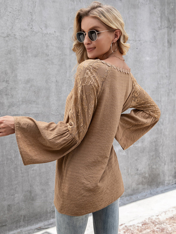 Halcyon Women's Solid Color Splicing Lace Hollow V-Neck Long-Sleeved Top