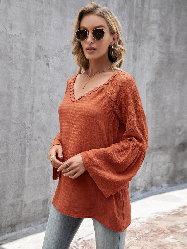 Halcyon Women's Solid Color Splicing Lace Hollow V-Neck Long-Sleeved Top