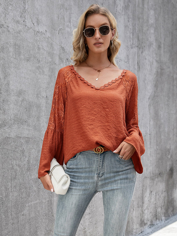 Halcyon Women's Solid Color Splicing Lace Hollow V-Neck Long-Sleeved Top