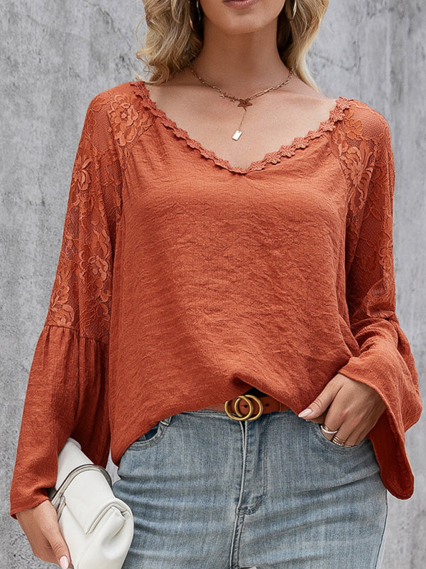 Halcyon Women's Solid Color Splicing Lace Hollow V-Neck Long-Sleeved Top