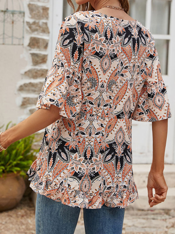 Hadassah Women's V-Neck Printed T-Shirt Casual Bell Sleeve Top