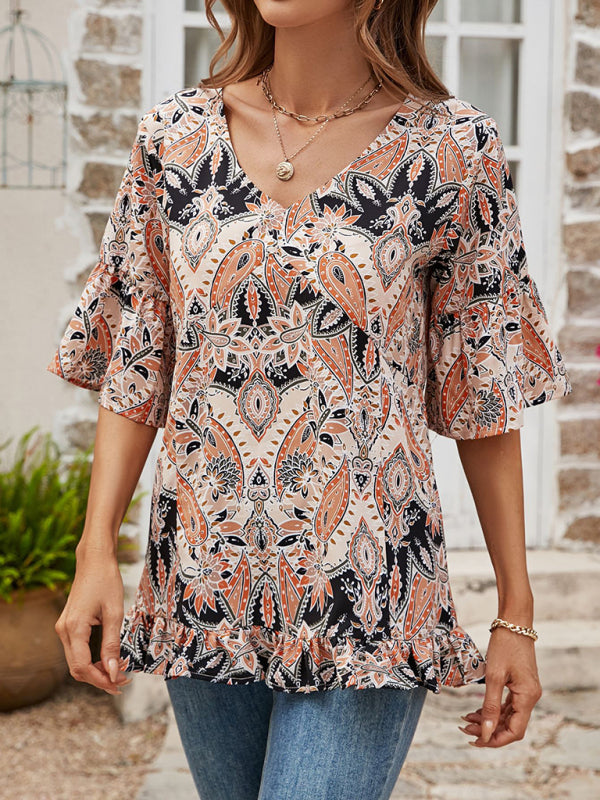 Hadassah Women's V-Neck Printed T-Shirt Casual Bell Sleeve Top
