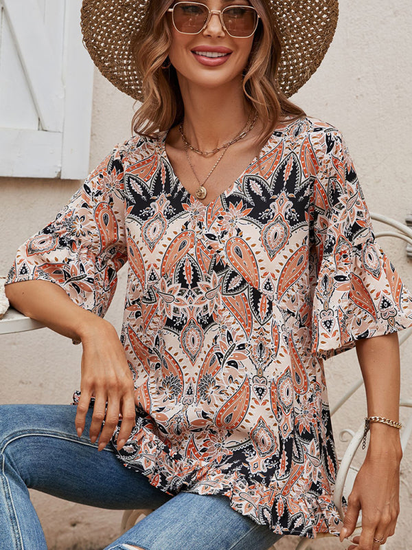 Hadassah Women's V-Neck Printed T-Shirt Casual Bell Sleeve Top