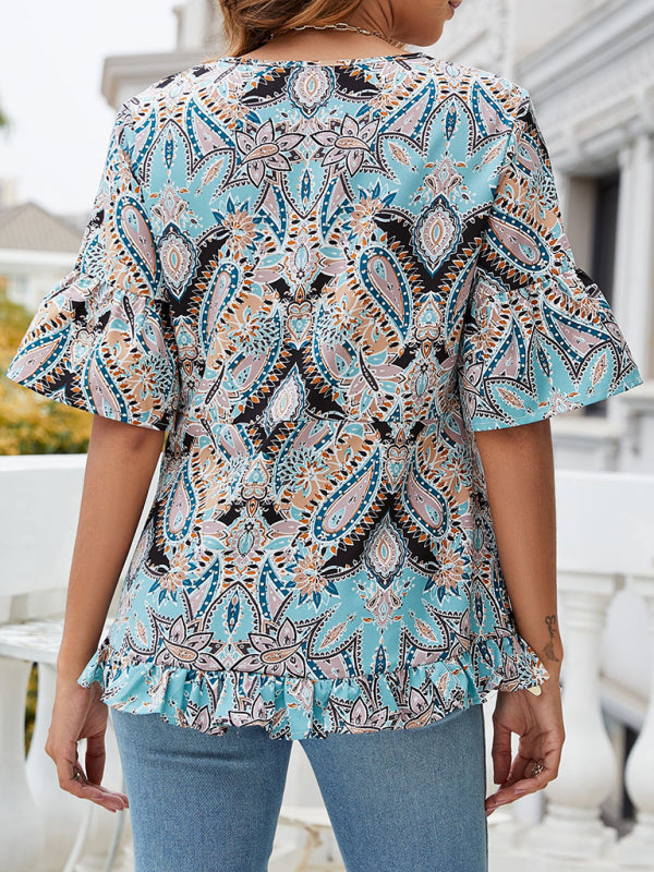 Hadassah Women's V-Neck Printed T-Shirt Casual Bell Sleeve Top