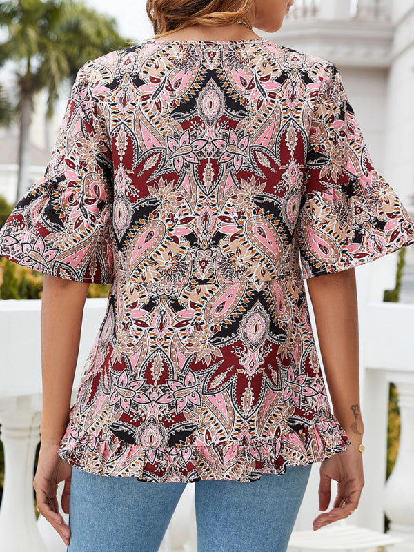 Hadassah Women's V-Neck Printed T-Shirt Casual Bell Sleeve Top